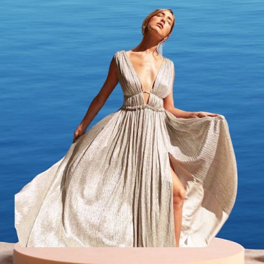 NWT Jonathan SIMKHAI Goddess Metallic Plisse Gown Champagne Large